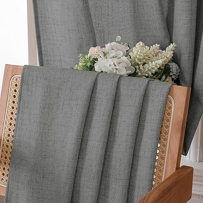 Tollpiz Linen Curtain Living Room Rod Pocket Semi Sheer Curtains Burlap Light Filtering Thick Linen Drape for Bedroom, 54 x 72 inches Long, Dark Grey, Set of 2 Panels