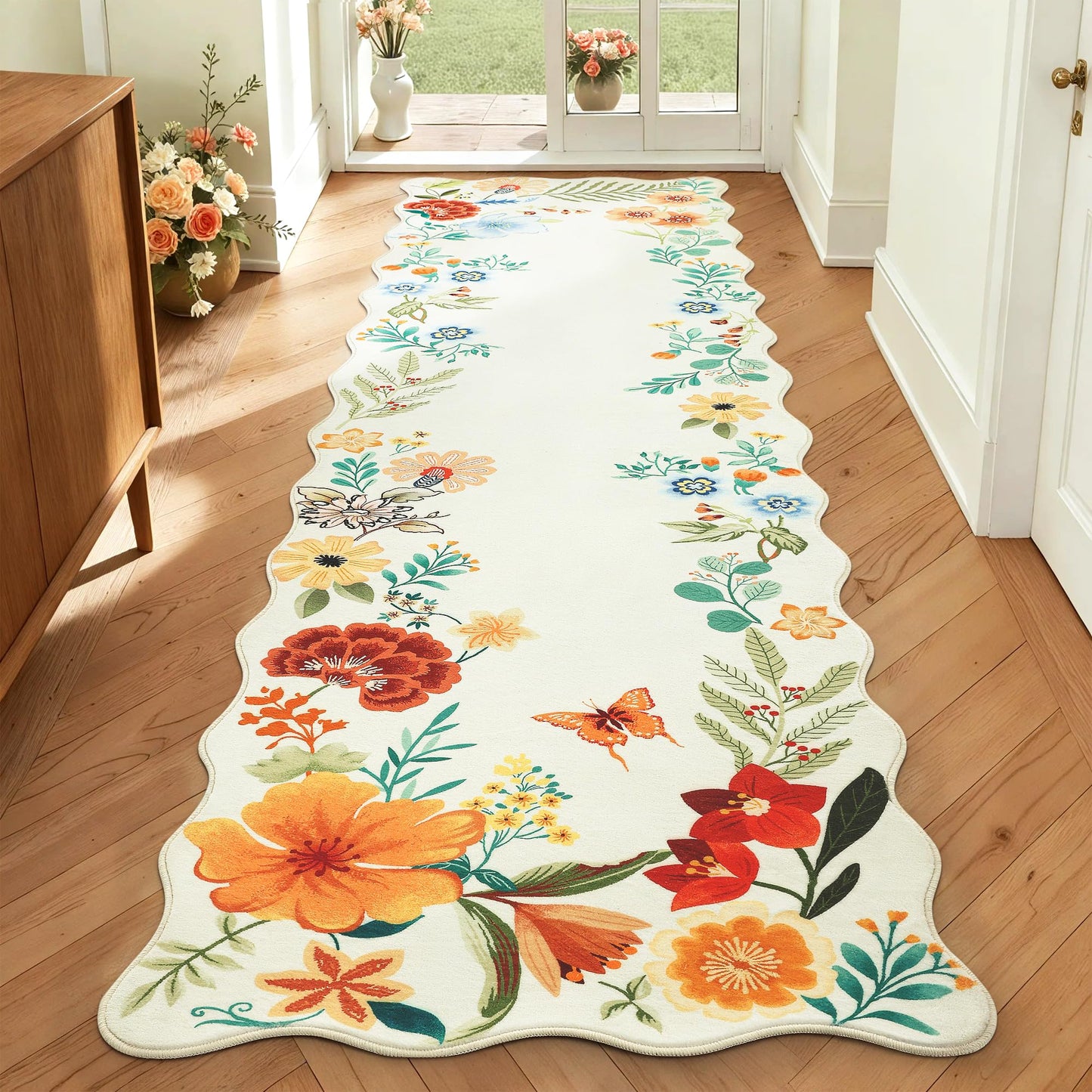 Carvapet 2x8 Runner Rug - Scalloped Edges Floral Botanical Carpet, Creamy Beige Washable Unique Wave Edge Runner, Low Pile Non-Slip Floor Mat for Hallway Kitchen Laundry Room