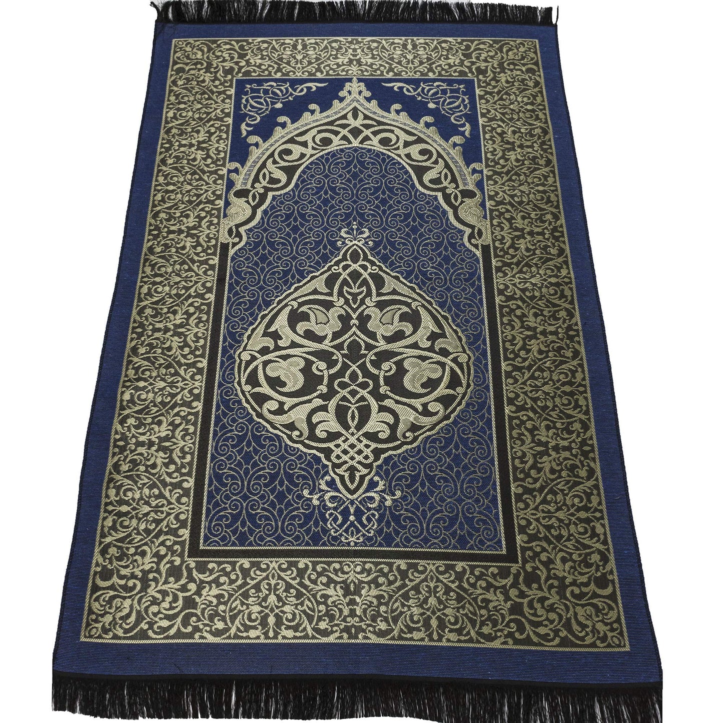 Modefa Islamic Prayer Rug Thin Woven Chenille and Taffeta Turkish Sajadah Intricate Design Metallic Ottoman Mat (Black + Blue)