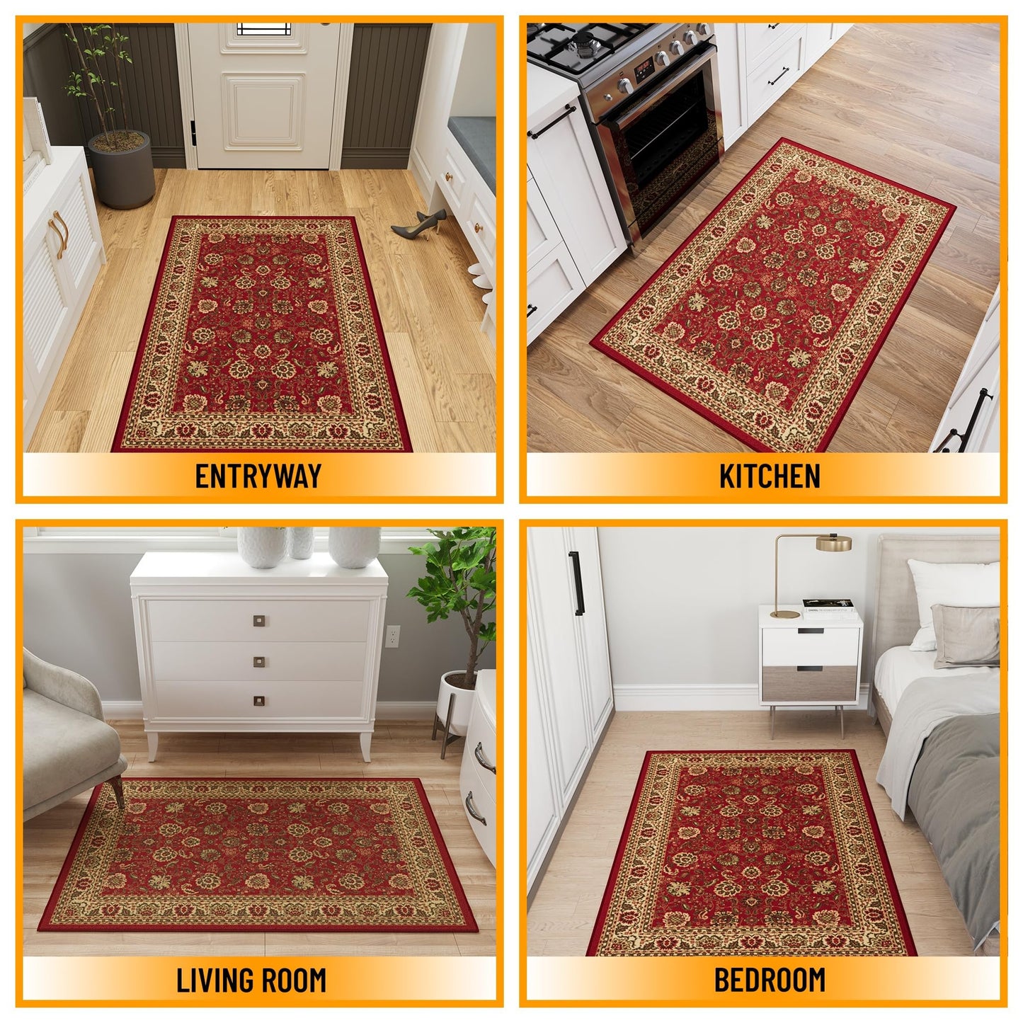 Ottomanson Accent Rug – Non Slip Low Pile Small Rug for Entryway, Bedroom, Bedside & Coffee Table Areas, 2'7" x 4', Red Oriental