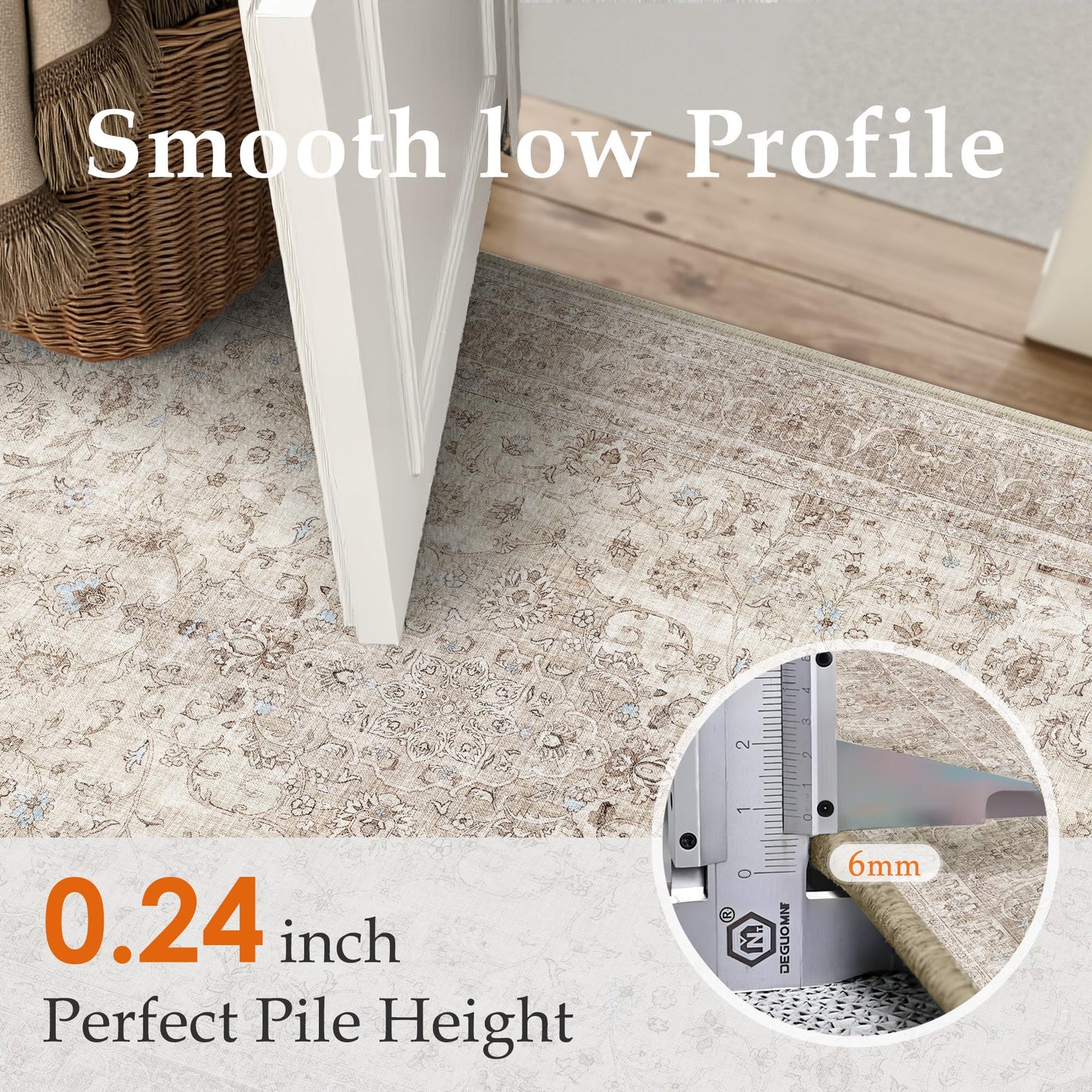 PureCozy Beige 2x6 Runner Rug Washable Hallway Vintage Carpet Low Pile Non Slip Distressed Soft Traditional Retro Oriental Long Accent Throw Rug for Kitchen Bedroom Laundry Bathroom Dining Room
