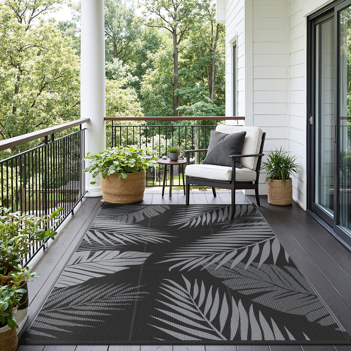 sarben Outdoor Rug 5' x 8' Waterproof for Patios Clearance, Reversible Plastic Straw Indoor Outdoor Rug for RV, Picnic, Backyard, Deck, Balcony, Porch, Beach, Black and Grey