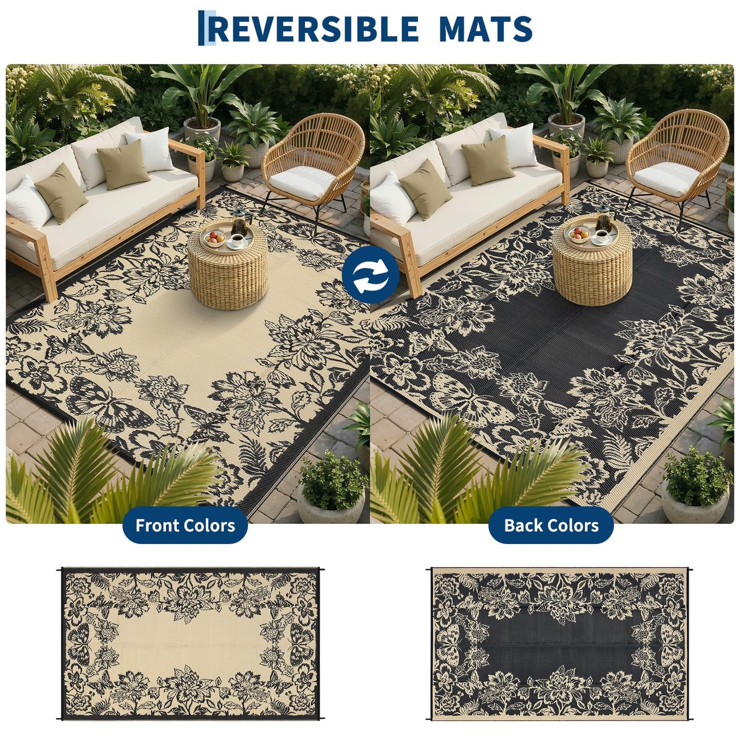 Garvee 5’x8’ Waterproof Patio Outdoor Rug, Outdoor Plastic Straw Rug for Camping, RV Mat Outside, Indoor Outdoor Carpet for Porch, Deck, Backyard, Balcony, Picnic, Black & Brown