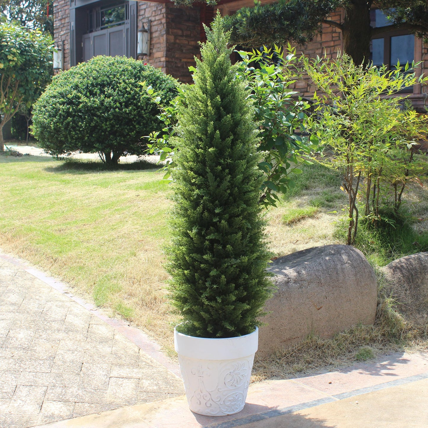4ft Artificial Cedar Trees Artificial Topiary Trees Set of 2 Faux Cypress Plants UV Resistant Potted Bushes Faux Shrubs for Outdoor Indoor Front Porch Garden