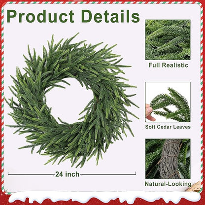 24 Inch Pine Wreath Christmas Wreaths for Front Door, Real Touch Pine Wreath Large Artificial Green Wreaths for Walls Windows Porches Farmhouse Indoor Outdoor Home Decor