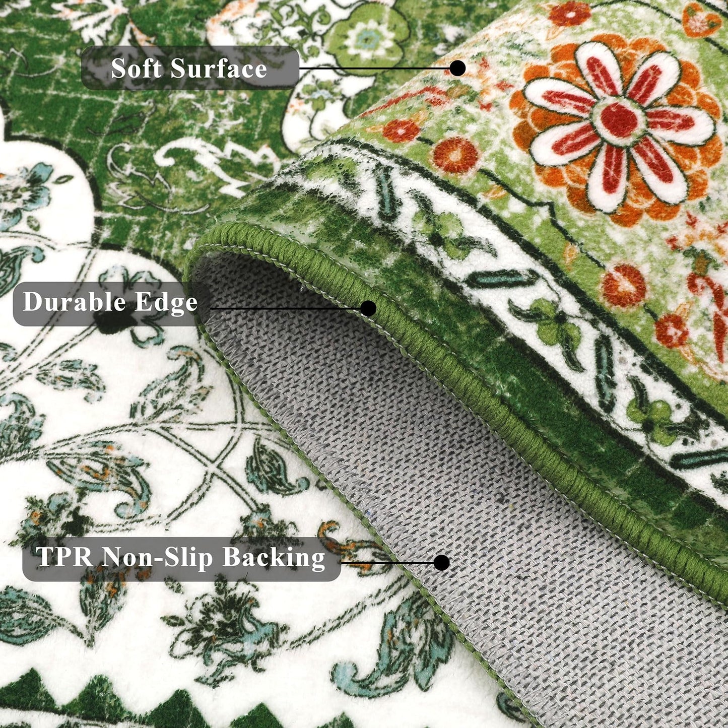 Ileading Bohemian Vintage Area Rug 4x6ft, Machine Washable Low-Pile Accent Carpet, Non-Shedding Non-Slip Living Room Floor Throw Rugs for Bedroom,Dining Room,Kids Playroom,Rv,Office(Green)