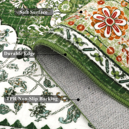 Ileading Bohemian Vintage Area Rug 4x6ft, Machine Washable Low-Pile Accent Carpet, Non-Shedding Non-Slip Living Room Floor Throw Rugs for Bedroom,Dining Room,Kids Playroom,Rv,Office(Green)