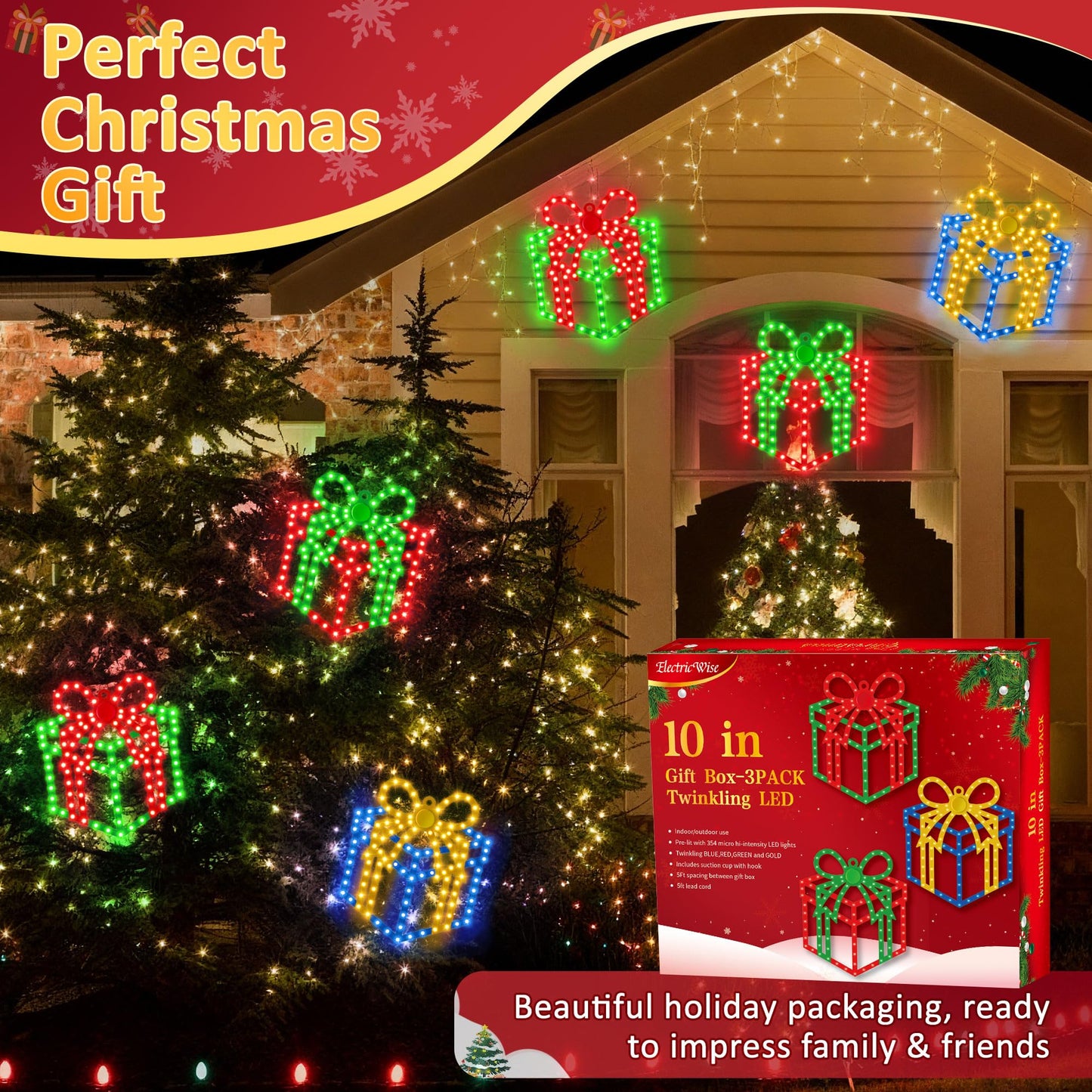 ElectricWise 3 Pack 10'' Christmas Window Lights, 354 LEDs Hi Vibrant Twinkling Lighted Gift Boxes, Waterproof Plug in Christmas Window Silhouette Light Present Decoration for Door Wall, Xmas Decor