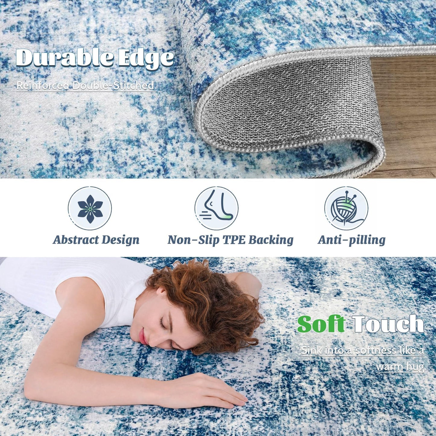 5x7 Area Rugs for Living Room, Washable Modern Abstract Rug Non-Slip Soft Low Pile Stain Resistant Carpet for Bedroom Nursery Dining Room Home Office (Blue, 5'x7')