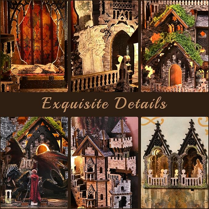 DIY Book Nook Kit for Adults 3D Wooden Puzzle Bookend Bookshelf Insert Decor with LED Light and Dust Cover (Sleeping Beauty)