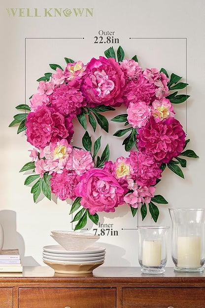 Wreaths for Front Door, WELL KNOWN Flowering Fall Wreath for Front Door, Silk Peony Wreath as Front Door Decor, Hot Pink Wall Hanging Home Party Wedding Shop Hotel Office Decor Gift