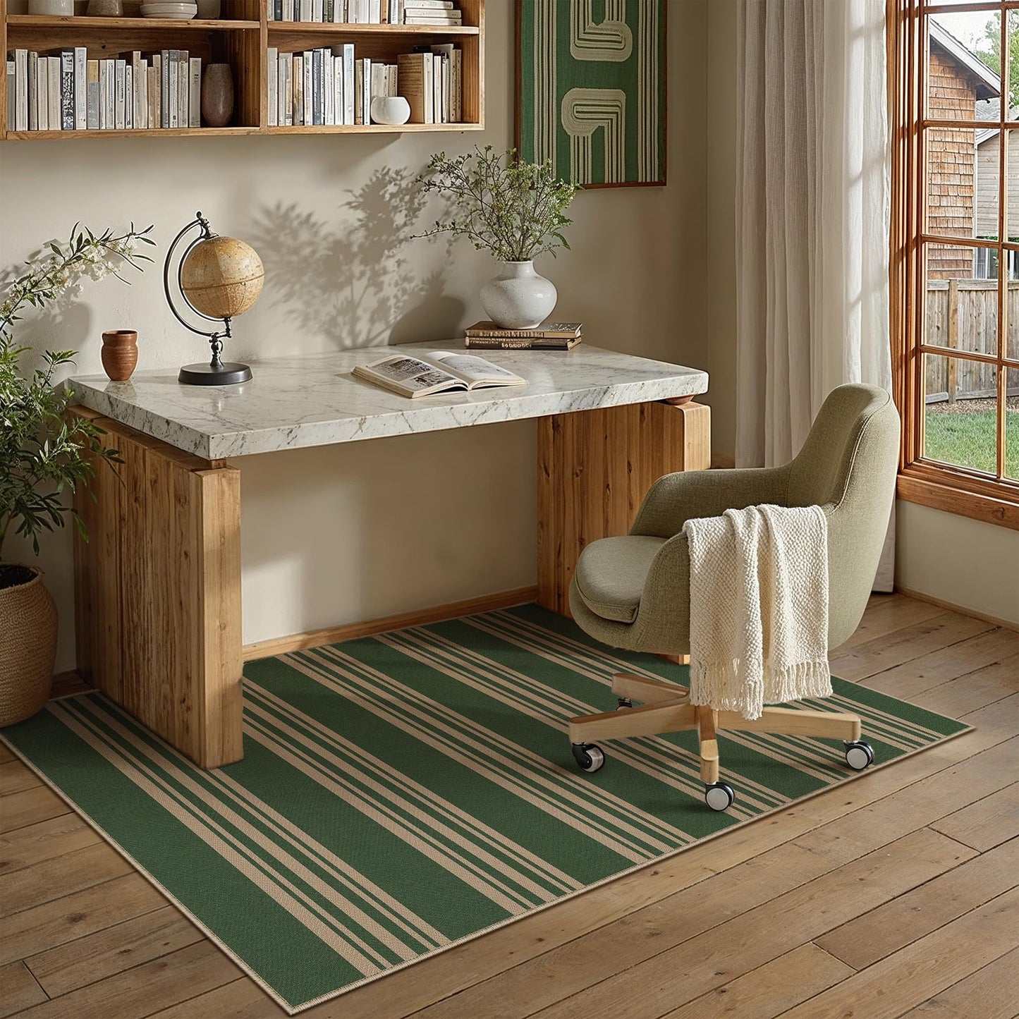 PureCozy Striped Easy Jute Rug 4x6 Green Entryway Carpet Washable Non Slip Office Door Mat Farmhouse Neutral Non Shedding Small Indoor Outdoor Rug for Bathroom Kitchen Bedroom Living Room