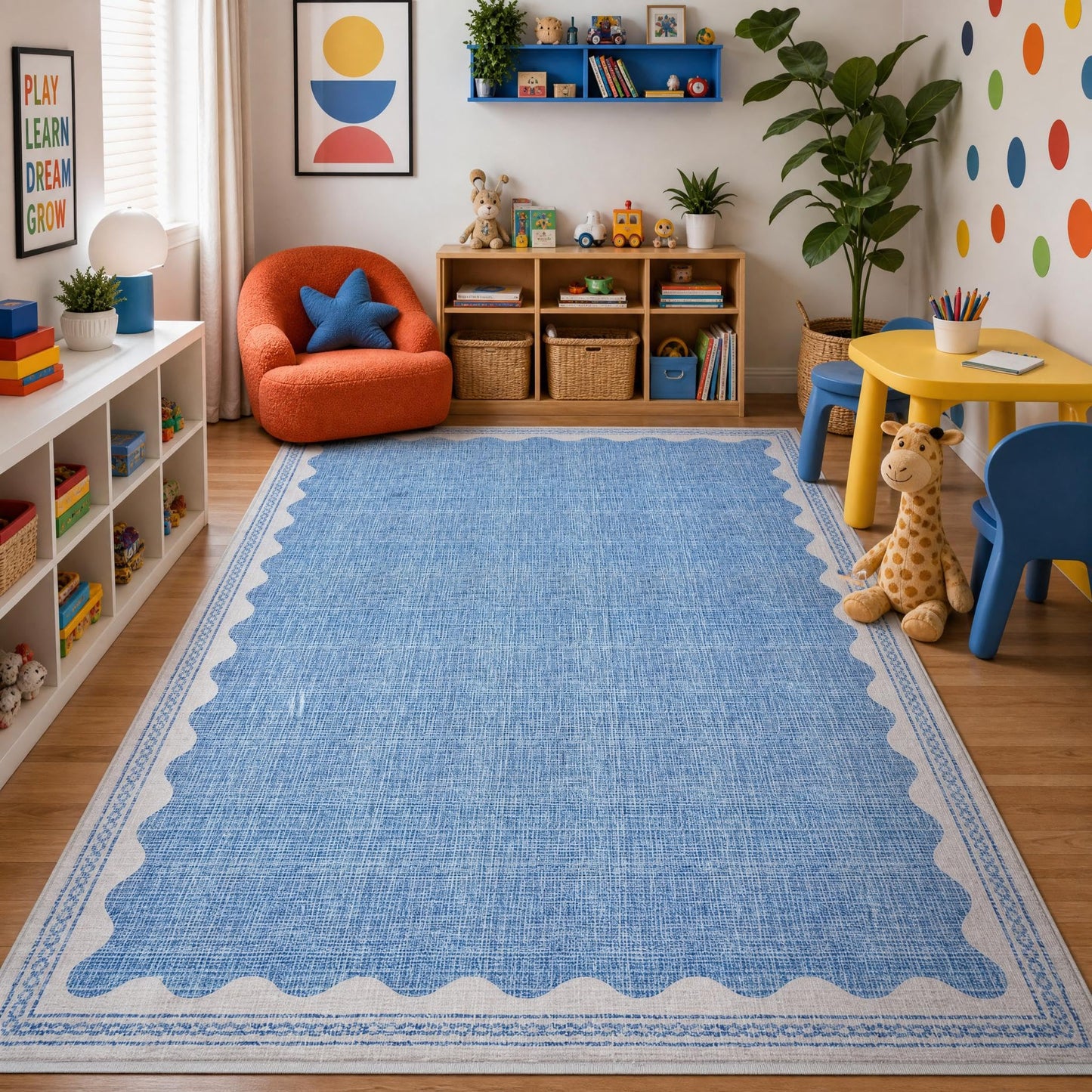 GarveeHome 4 x 6 Rug Non-Slip Washable Low-Pile Carpet - Scalloped Solid Blue Modern Minimalism Rugs for Bedroom Living Room Nursery Kitchen Entryway Indoor Mat with Rubber Back