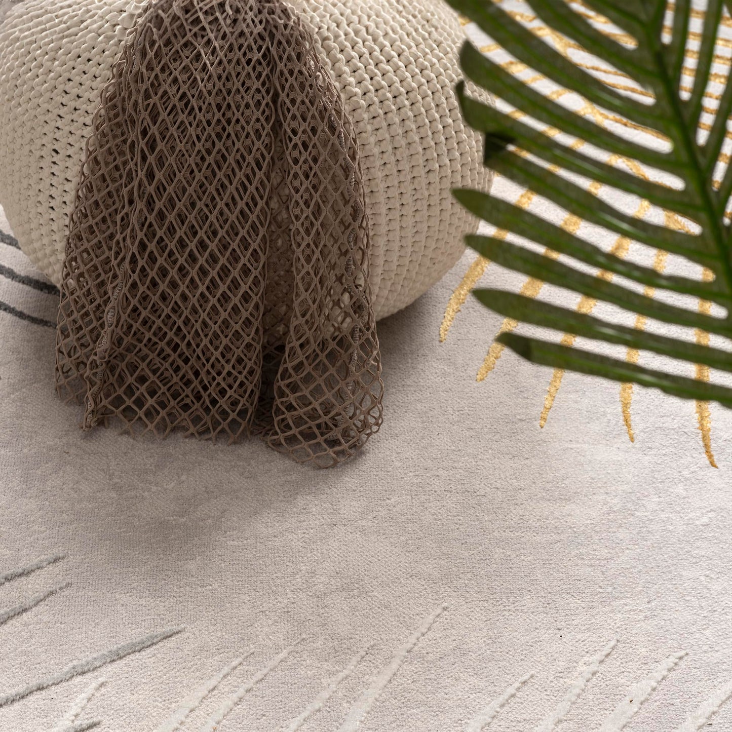 Paco Home Designer Rug with Textured Palm Leaf Pattern in Cream Gold, Size: 5'3" x 7'7"