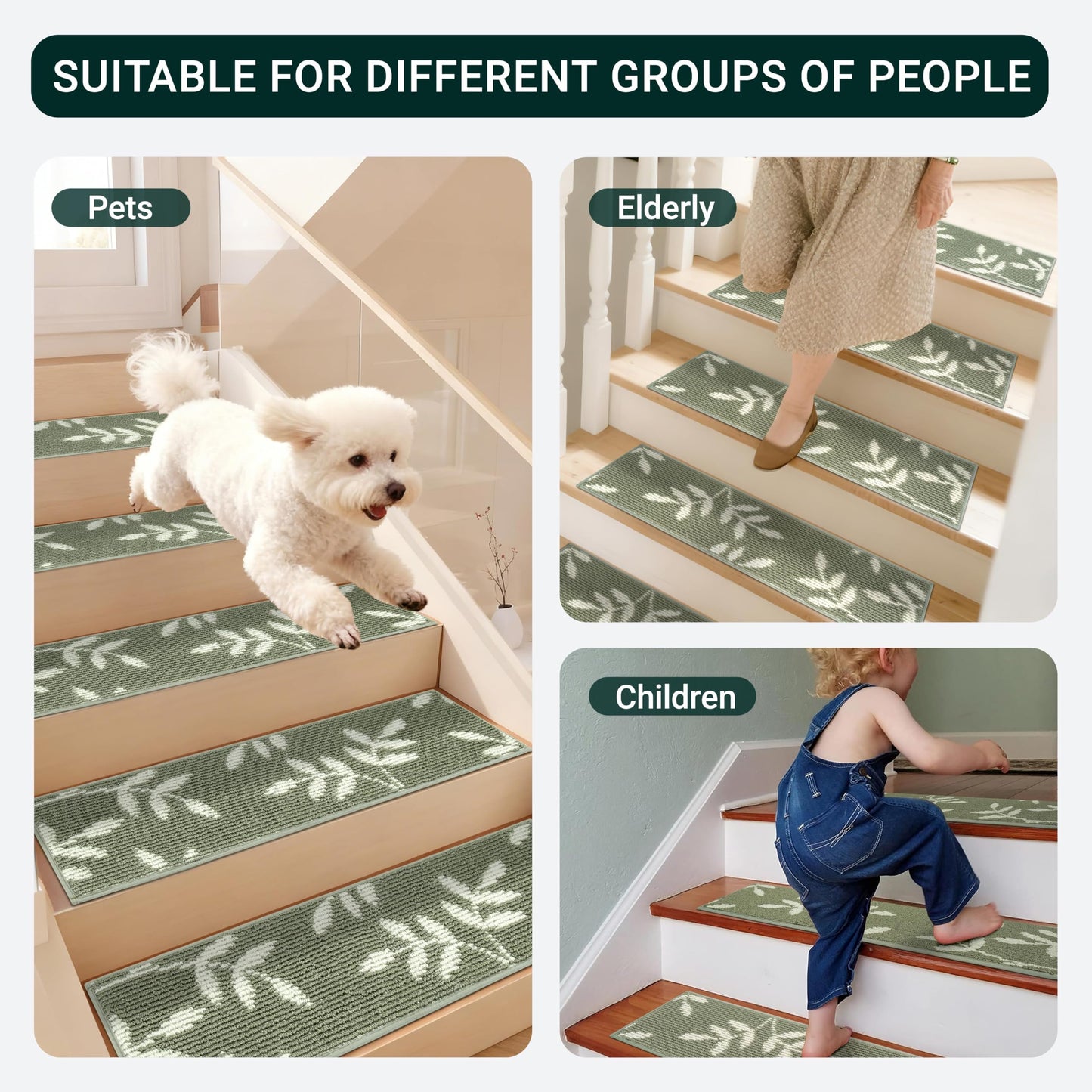 TANVILL Carpet Stair Treads, Non-Slip Stair Treads for Wooden Steps Indoor, 30”x8” Stair Runner for Pets Non Skid Wood Staircase Step Treads Reusable, Set of 15, Green