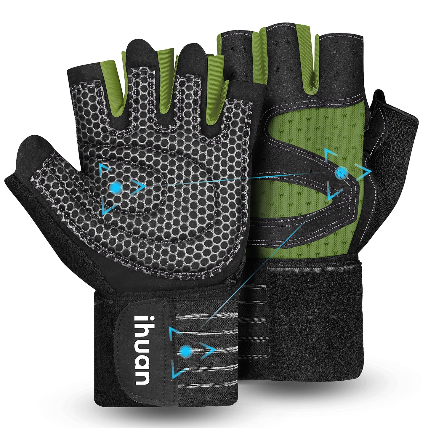 ihuan Ventilated Weight Lifting Gym Workout Gloves with Wrist Wrap Support for Men & Women, Full Palm Protection, for Weightlifting, Training, Fitness, Hanging, Pull ups (Dark Green, L)
