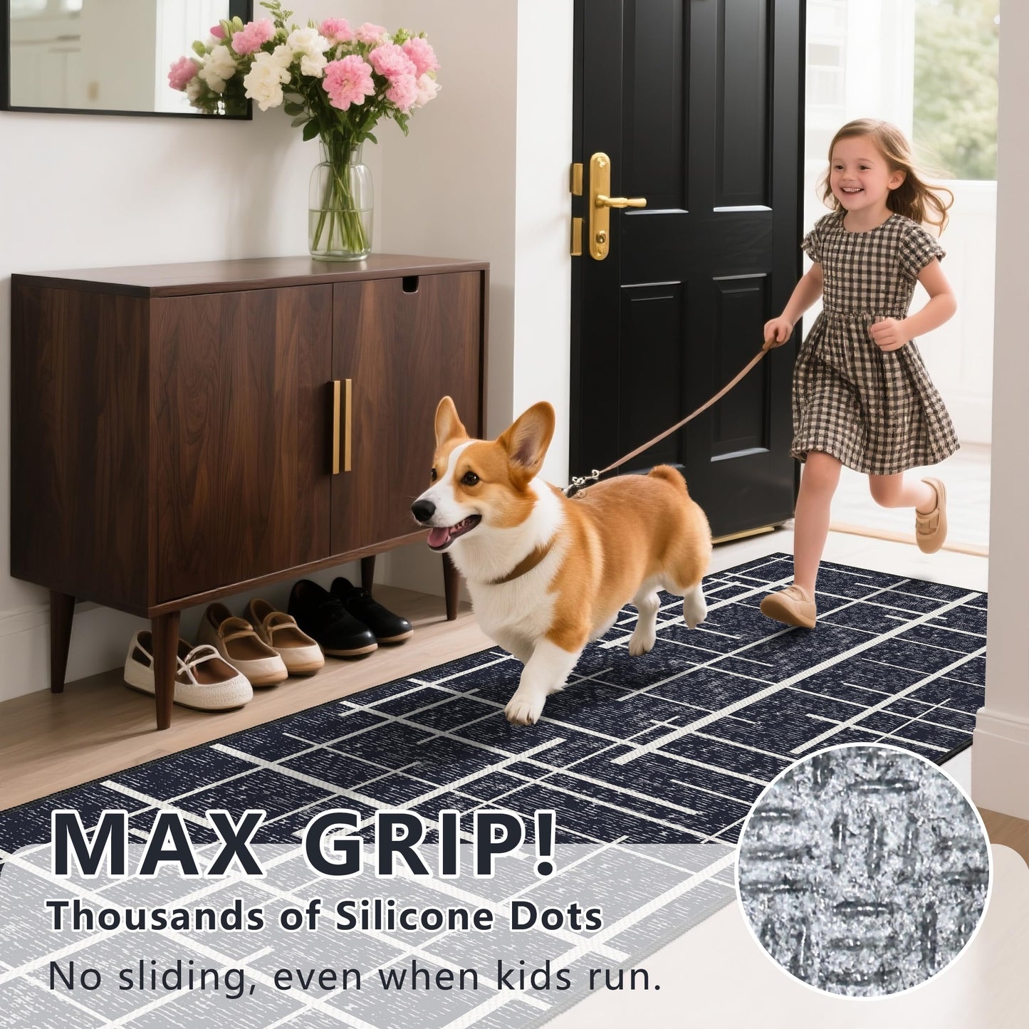 TTelephant Non Slip Hallway Runner Rug 2.6x12, Modern Distressed Stripe, Washable Extra Long Rug, Woven Thin Low Pile Carpet Runners for Hallway 12ft Entryway, Kitchen, Walkway- Midnight Black
