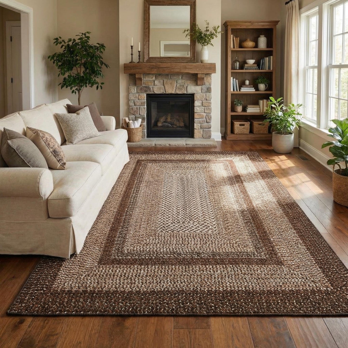 MilleLoom Braided Print Washable Rug 8x10 Area Rugs for Living Room Soft Bedroom Rug Stain-Resistant Rustic Foldable Mat Non Slip Low Pile Farmhouse Carpet for Dining Nursery Cottage Office Brown