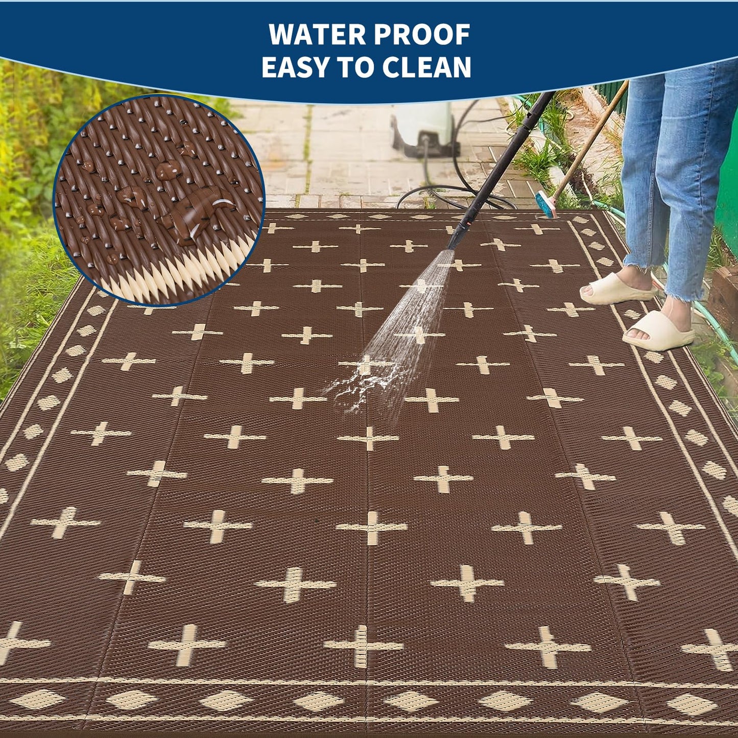 GarveeHome 9'x12' Outdoor Rug Waterproof – Reversible Plastic Mat for Patio & RV Camping, Large Geometric Rug for Deck Balcony, Portable Foldable Picnic Rug with Carry Bag, UV Resistant, Brown