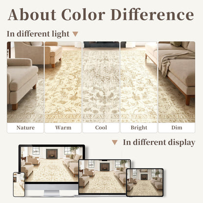 TTelephant Beige Living Room Rugs 8x10, Neutral Vintage Boho Carpet for Bedroom and Dining Room, Low Pile Nursery Indoor Area Rug with Non-Slip Silicone Backing, Non-Shedding