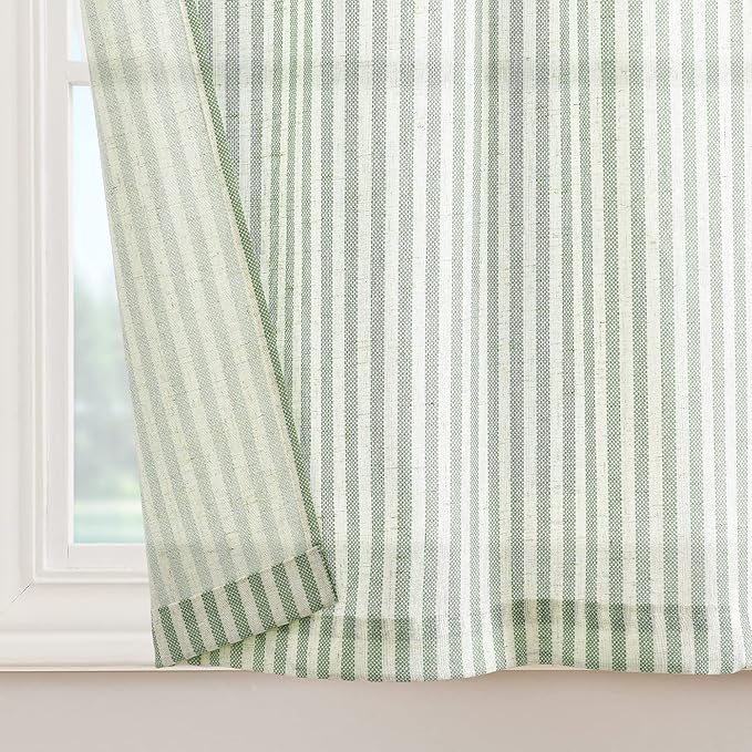 jinchan Tab Top Linen Kitchen Curtains 36 Inches Striped Tier Curtains Farmhouse Modern Cafe Style Small Window Treatments Airy Light Filtering Rod Pocket for Living Room Bathroom 2 Panels Sage Green