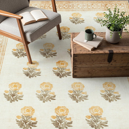 Sparkle Gaze Beige Brown Floral Living Room Rug 5x7 Area Rug - Vintage Washable Rug for Dining Room, Bedroom, Ultra Soft Low Pile Non Slip Stain Resistance Distressed Boho Farmhouse Flower Carpet