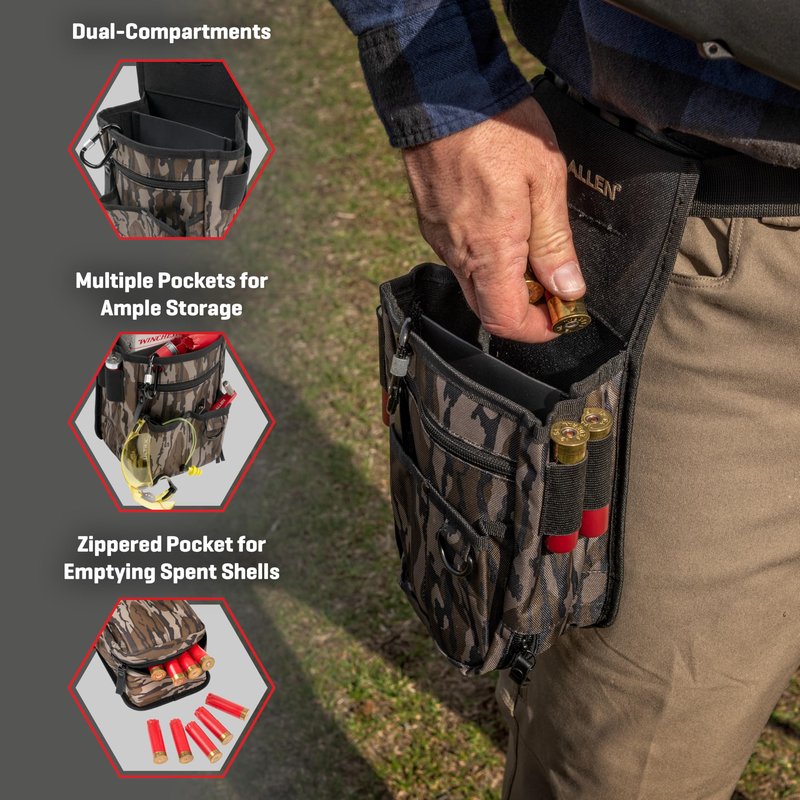 Allen Company Triumph Double Compartment Range Shell Bag - Holds 2 Boxes of 12-Gauge Shells - Spent Hull Dump Pouch, Adjustable Waist Belt & Extra Storage for Trap, Skeet & Clay Shooting - Mossy Oak