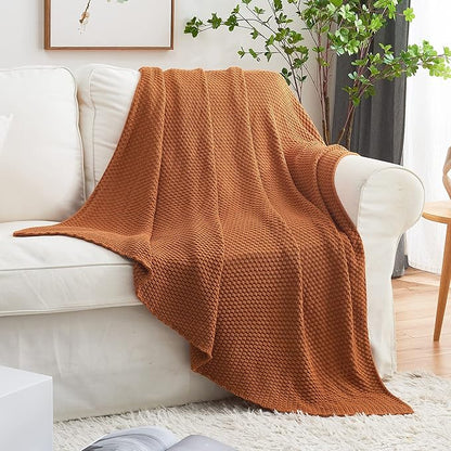 Longhui bedding Burnt Orange Knitted Throw Blanket for Couch, Soft, Cozy Machine Washable 100% Cotton Sofa Knit Blankets, Heavy 3.0lb Weight, 51 x 63 Inches, Laundry Bag Included