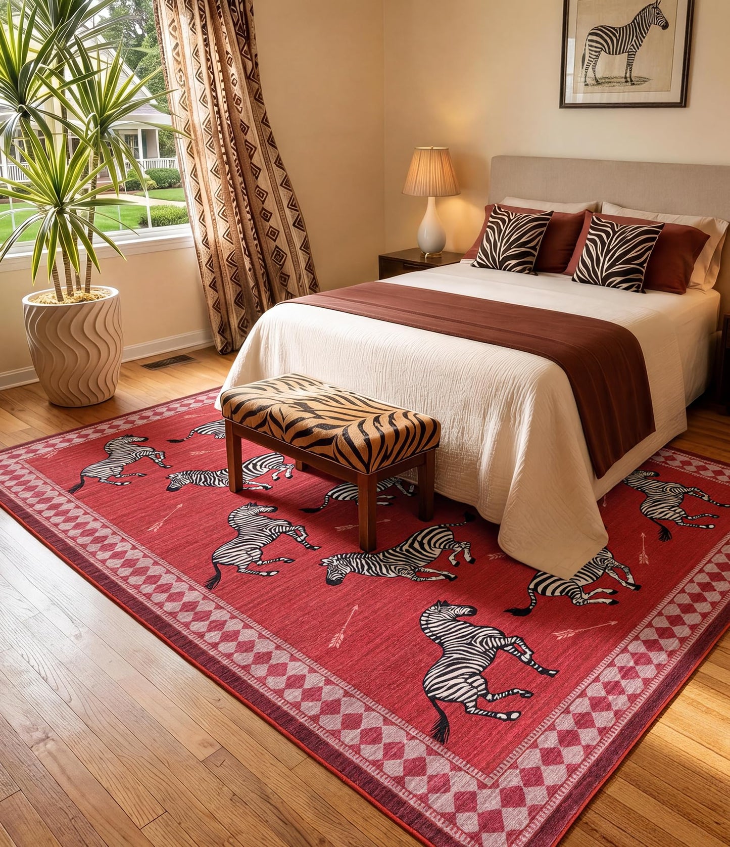 YIHOUSE Red Zebra Area Rugs 5×7, Washable Animal Print Rug with Checkered Border, Non-Slip Low Pile Mid-Century Modern Carpet for Living Room, Bedroom, Dining Room, Home Decor