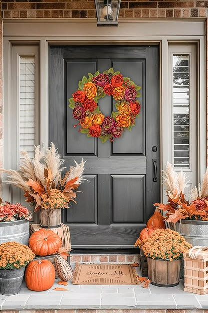 Artificial Fall Wreath for Front Door – 24 Inch Peony & Mixed Floral Wreath with Maple Leaves & Berries, Rustic Autumn Wall Décor