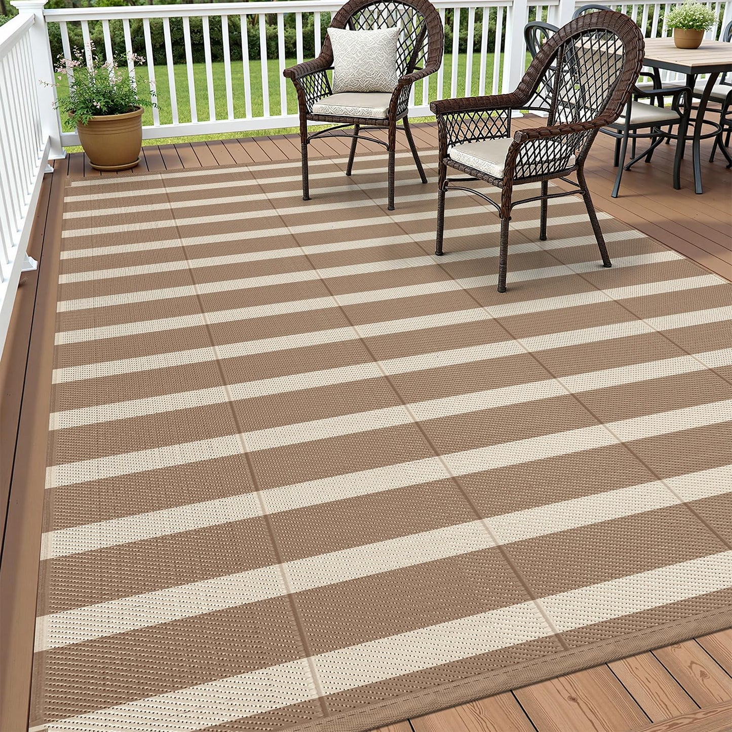 Vaukki Waterproof Outdoor Rug 5x8, Reversible Striped Patio Rug, Lightweight Plastic Straw Camping Mat, Indoor Outdoor RV Carpet for Outsides, Patio, Camping, Balcony, RV and Deck, Brown and Beige