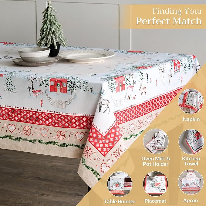 Maison d' Hermine Table Cloth Rectangle Table 100% Cotton 60 x 90 Inches Fall Tablecloth Reusable Everyday Use for Thanksgiving Christmas Decorations Dining Farmhouse Party (Rural Christmas)