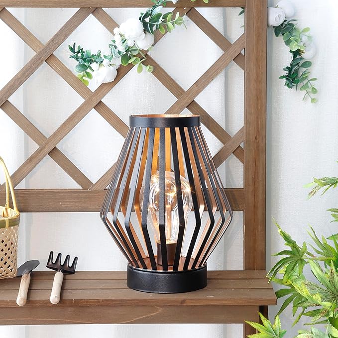 JHY DESIGN 8.5“H Metal Cage LED Lantern Battery Powered Cordless Accent Light with LED Edison Style Bulb Great for Weddings Parties Patio Events Gifts for Indoors Outdoors