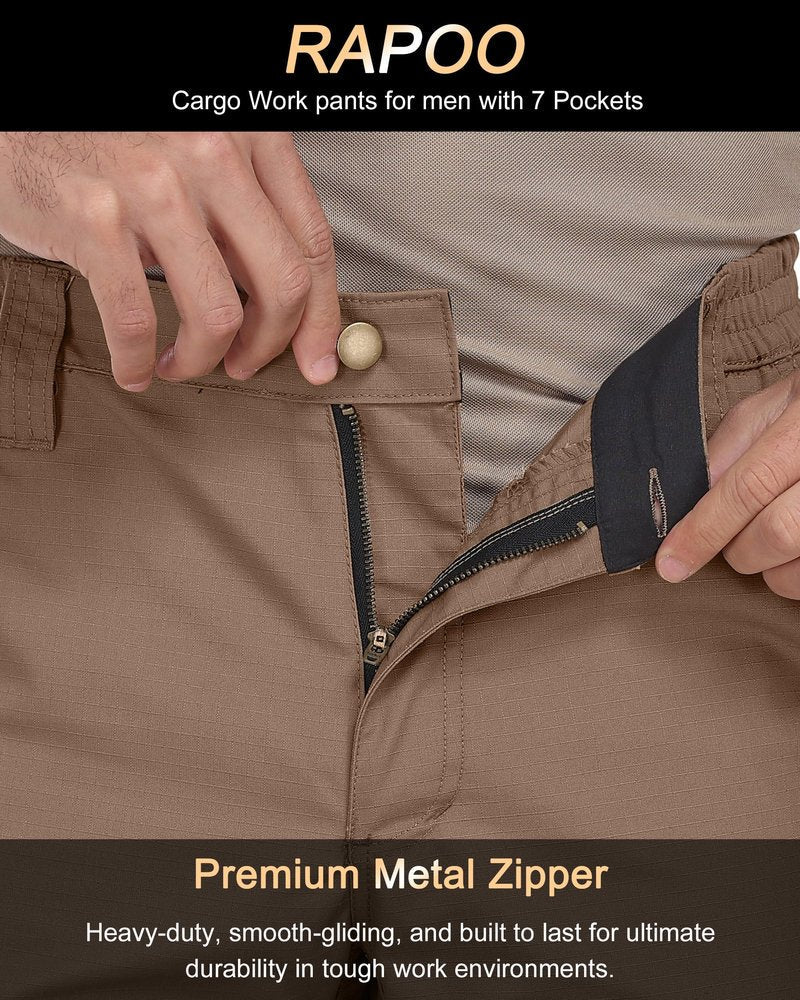 Rapoo Work Pants for Men Cargo Tactical Military Army Pants for Men with Pockets Heavy Duty Elastic Waist Mens Ripstop Construction Outdoor Pants Brown 32Wx30L