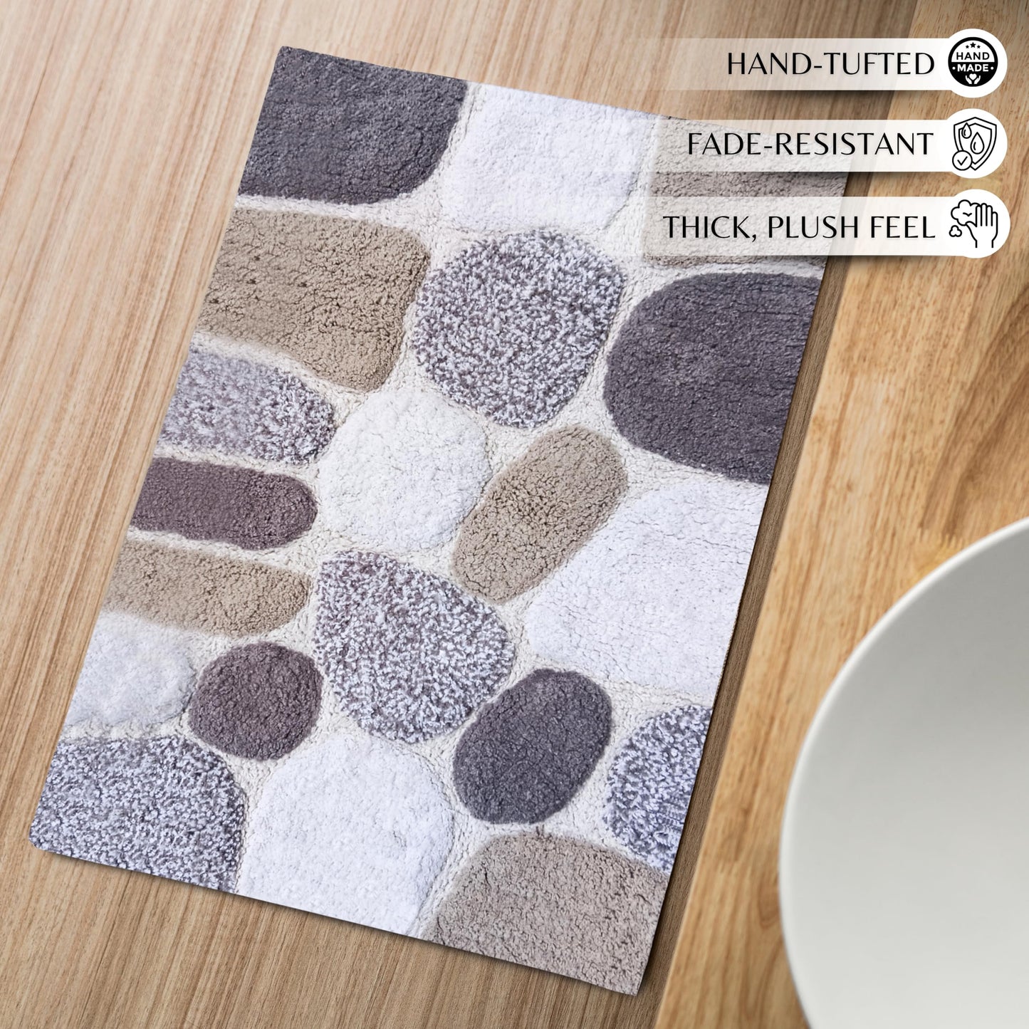 Ramanta Home Pure Cotton Pebble Stone Bath Rug Set of 2 - Light Grey, Super Soft Anti Skid Absorbent Bath Rug for Bathroom, Kitchen, Shower, Bath Tub, Machine Washable - 21x32 & 17x24 Inch