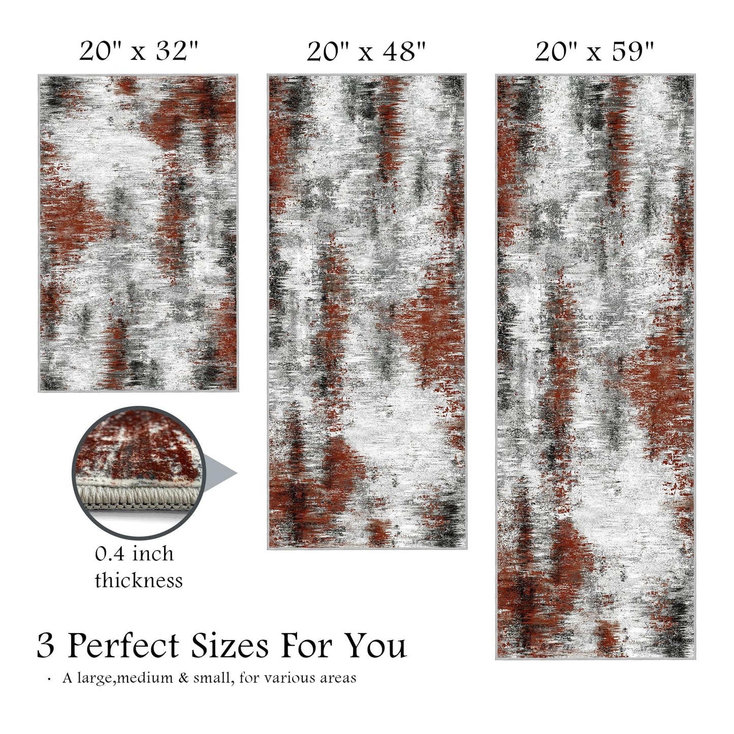 Tritard Upgrade Non Slip Kitchen Rugs Sets of 3 Washable Kitchen Mats for Floor Abstract Kitchen Runner Rug Soft Floor Mat Set Kitchen Carpet Rugs for Hallway, Laundry, Entryway, Office, Rust Red