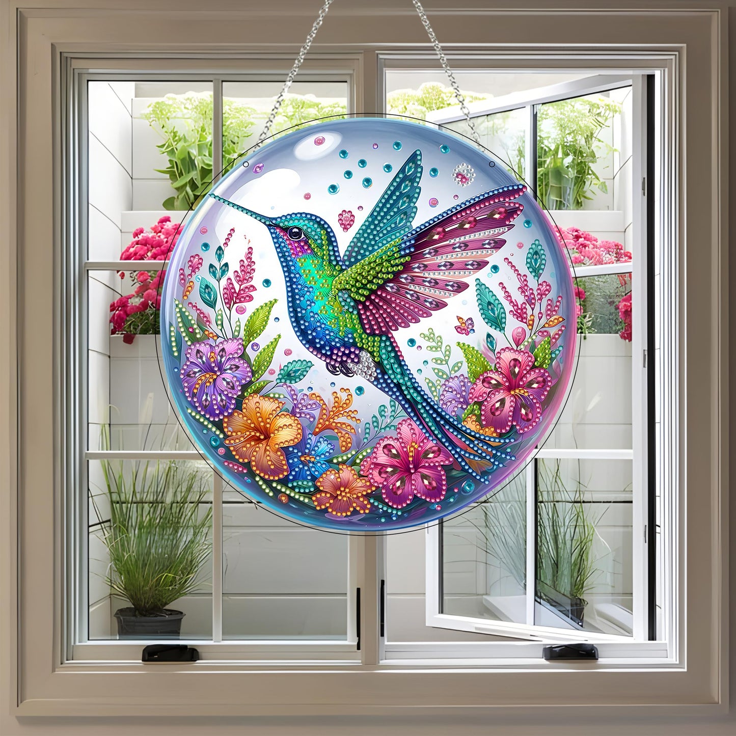 JJFox Diamond Art Hanging Kit for Adult,Special Shaped Rhinestone,DIY Acrylic 5D Diamond Art Painting Window Pendants Home Garden Wall Hanging Kits Hanging Ornament,Double Sided. (Hummingbird)