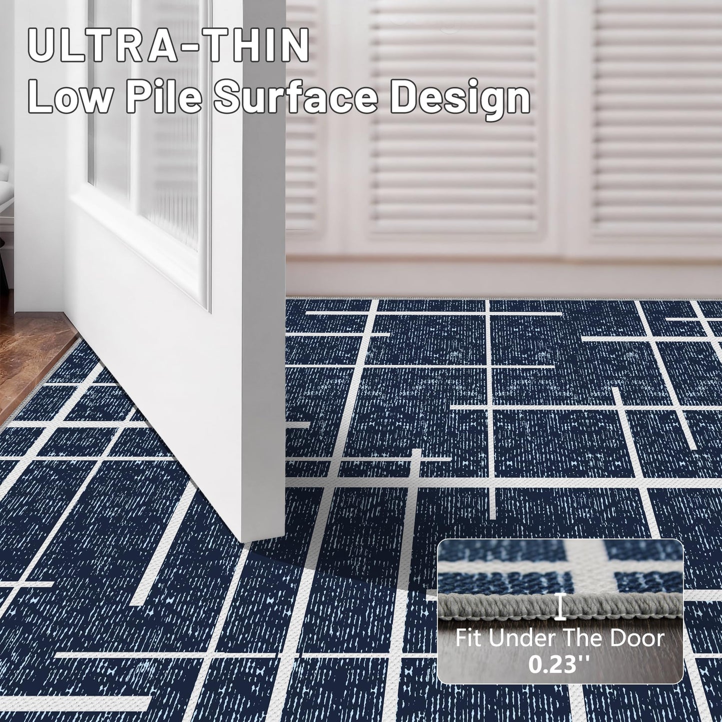 TTelephant Non Slip Hallway Runner Rug 2x10, Blue Modern Distressed Stripe, Washable Long Rug, Woven Thin Low Pile Carpet Runners for Hallway 10ft Entryway, Kitchen, Walkway- Blue