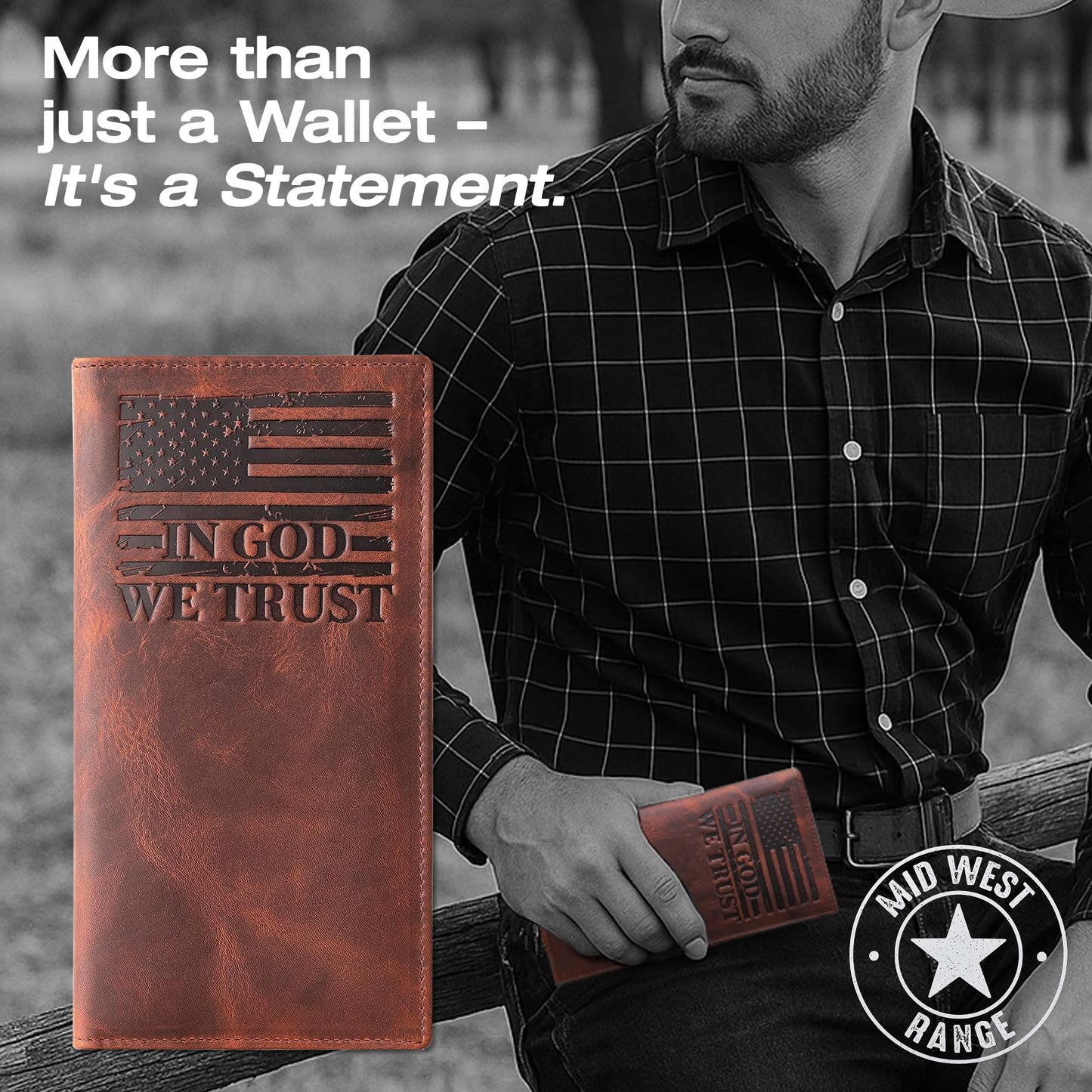 American Flag Long Wallet for Men - Western Wallets for Men with ‘IN GOD WE TRUST’ – Distressed Full Grain Leather – RFID Blocking Long Bifold Cowboy Wallet – Patriotic Father's Day (7 Inches)