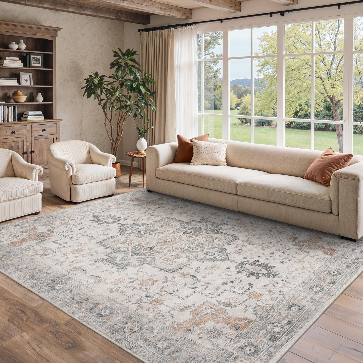 BESBLEE 8x10 Area Rugs for Living Room, Machine Washable Non Slip Vintage Rugs, Low Pile Lightweight Print Rug for Bedroom, Dining Room, Home Office, Light Taupe Brown
