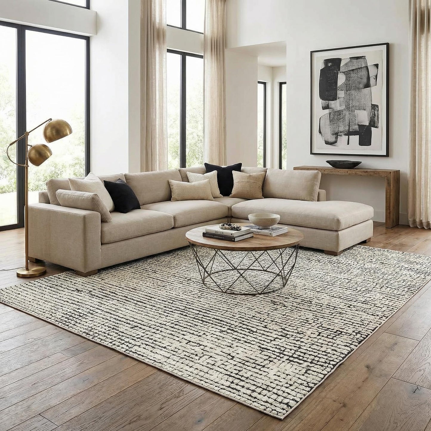 BoutiqueRugs Ivory Grid Contemporary Plush 5x7 Area Rug Black Checkered Mosaic Keita Living Room Bedroom Dining Room Home Office Apartment 5'3" x 7' Stain Resistant Non-Shedding Pet Friendly