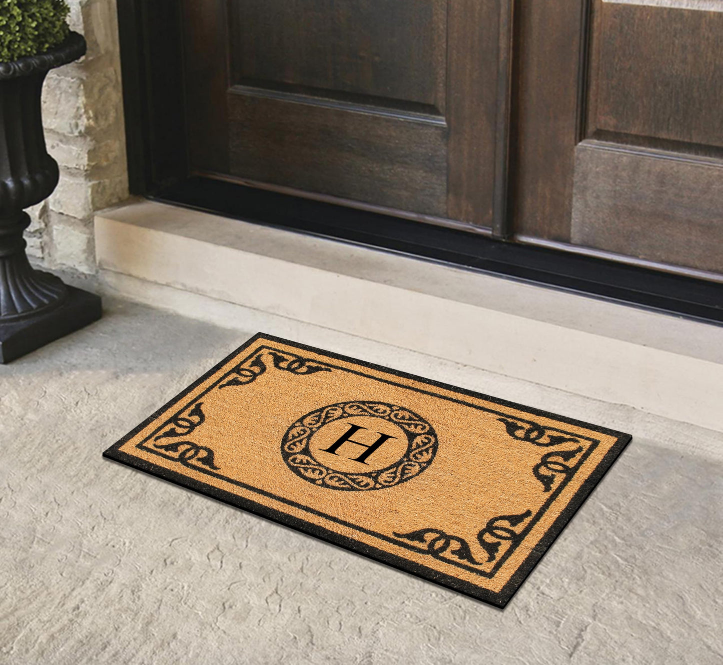 A1HC Natural Coir Monogrammed Doormat for Outside Entrance, Anti-Shed Treated Mats, Heavy Duty Durable EntryMat, Easy to Clean Front Door Mat - H, 24" X 39"