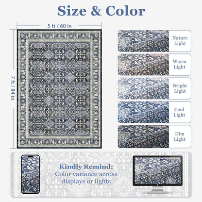 Jainmy Dark Blue 5x7 Area Rugs for Living Room Bedroom, Transitional Boho Moroccan Floral Trellis Printed, Washable Non Slip Low Pile Ultra Thin Soft Carpet Rugs for Dining Room/Kitchen/Home Office