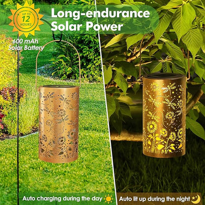 Fabuday Dragonfly Sunflower Solar Lantern Gift for Women - Outdoor Lanterns Waterproof for Patio, Yard, Porch and Pathway, Hanging Outside Garden Decor with Solar Power Lights