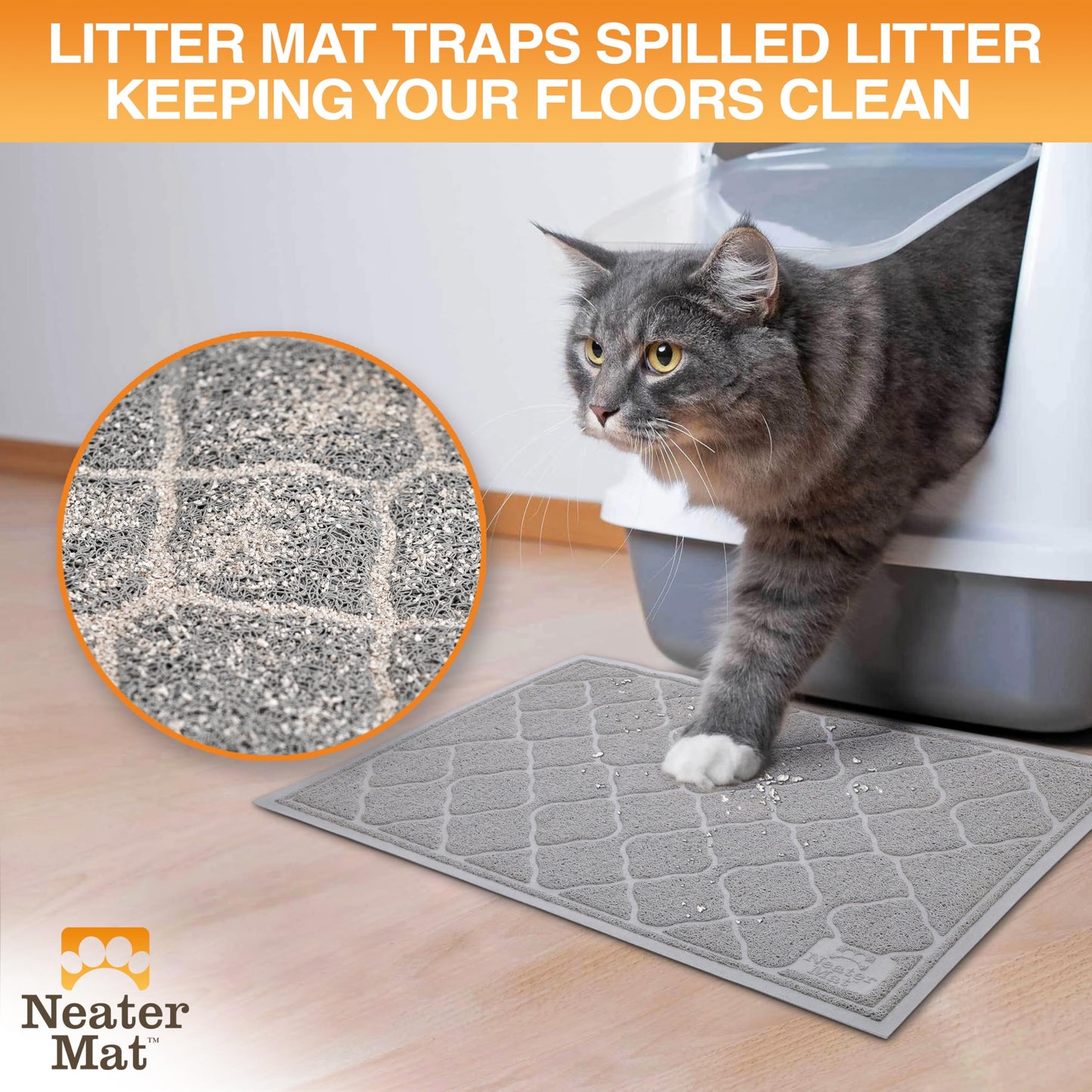 Neater Pets Neater Mat Cat Litter Mat, Thick & Durable Cat Mat for Litter Box, Trapper Pad Catches Mess to Protect Indoor Floors, Soft on Kitty Paws, Anti-Skid Grip Backing, Easy to Clean, Grey