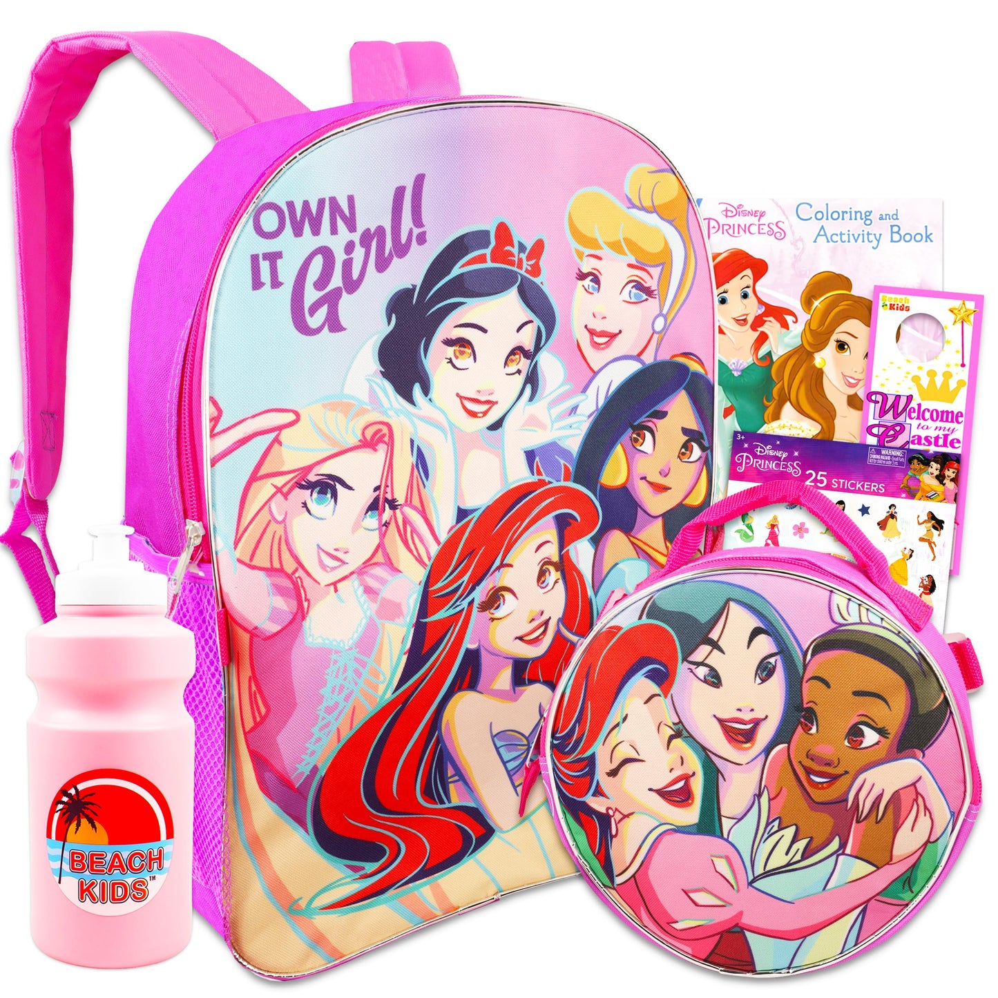 Disney Princess Backpack 6 Pc Activity Bundle with 16" Backpack, Lunch Bag, Water Bottle, and More | Disney Princess School Supplies