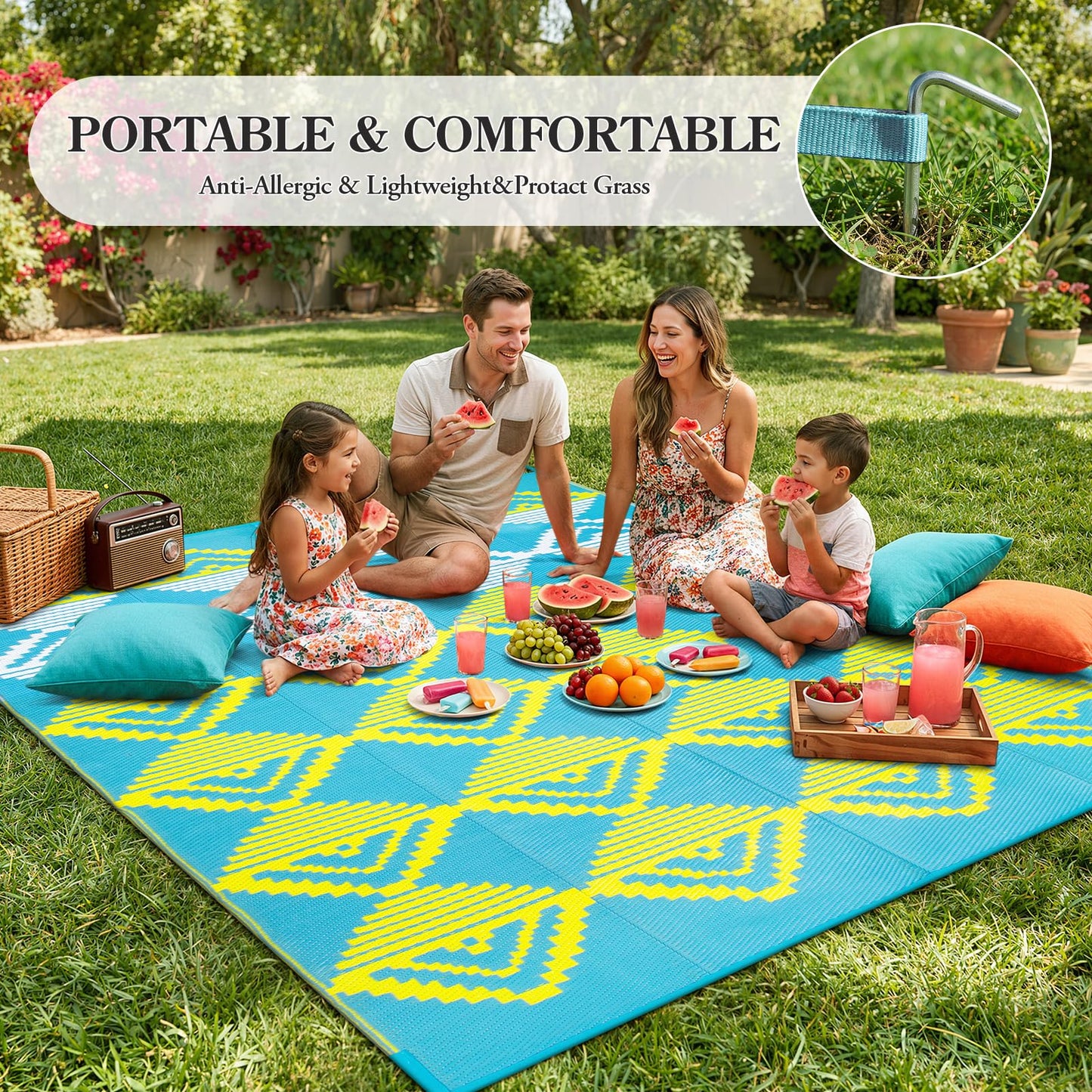 Beeiva Outdoor Rug 8x10 Waterproof for Patio, Reversible Outdoor Patio Rug for Backyard, Deck, Blue Yellow