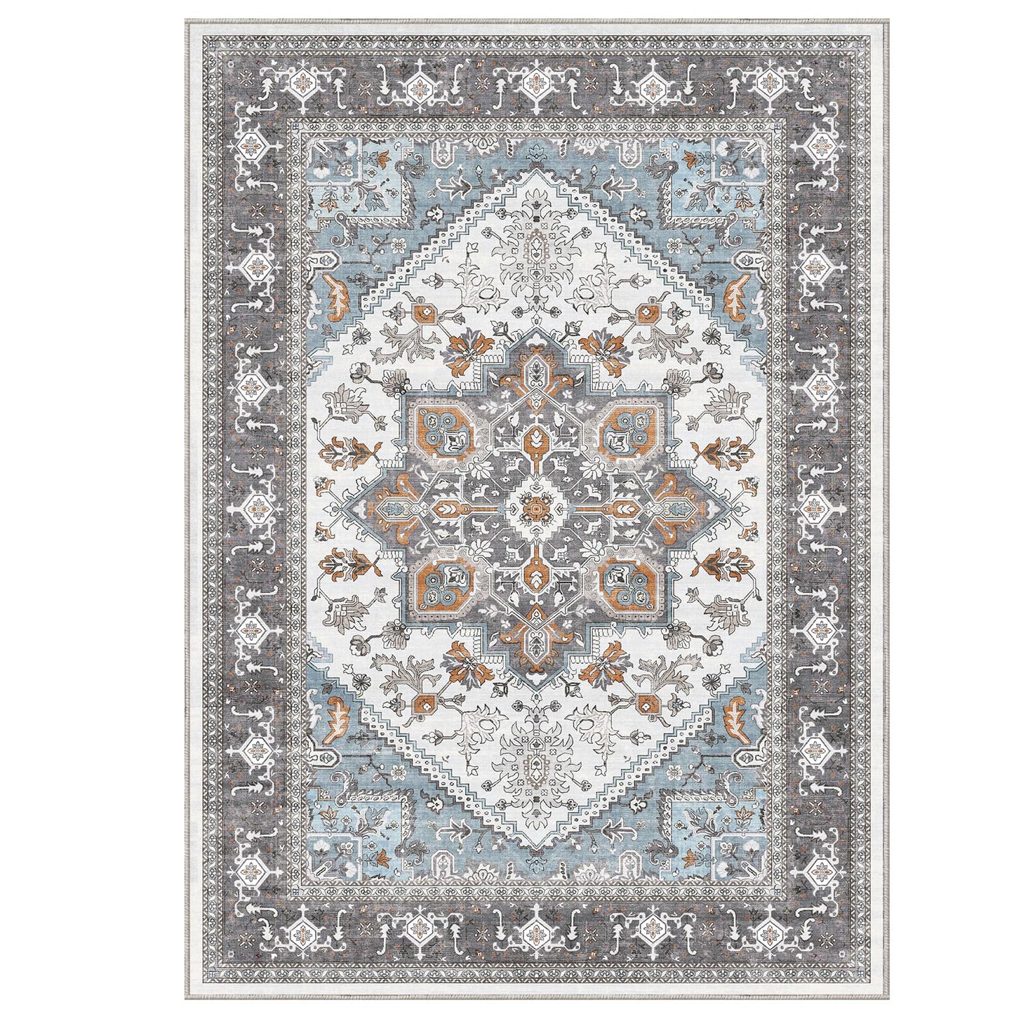 OPPODREAM Soft Area Rugs 5x7, 5x7 Washable Rug with Non Slip Backing, 5 x 7 Faux Cashmere Low-Pile Carpet, Grey & Teal & Yellow