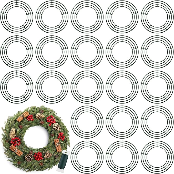 Fovths 24 Pack Christmas Wire Wreath Ring 12 Inches Metal Wire Wreath Frame with Floral Wires Green DIY Floral Crafts for Xmas Halloween New Year Holiday Valentines Day Decor
