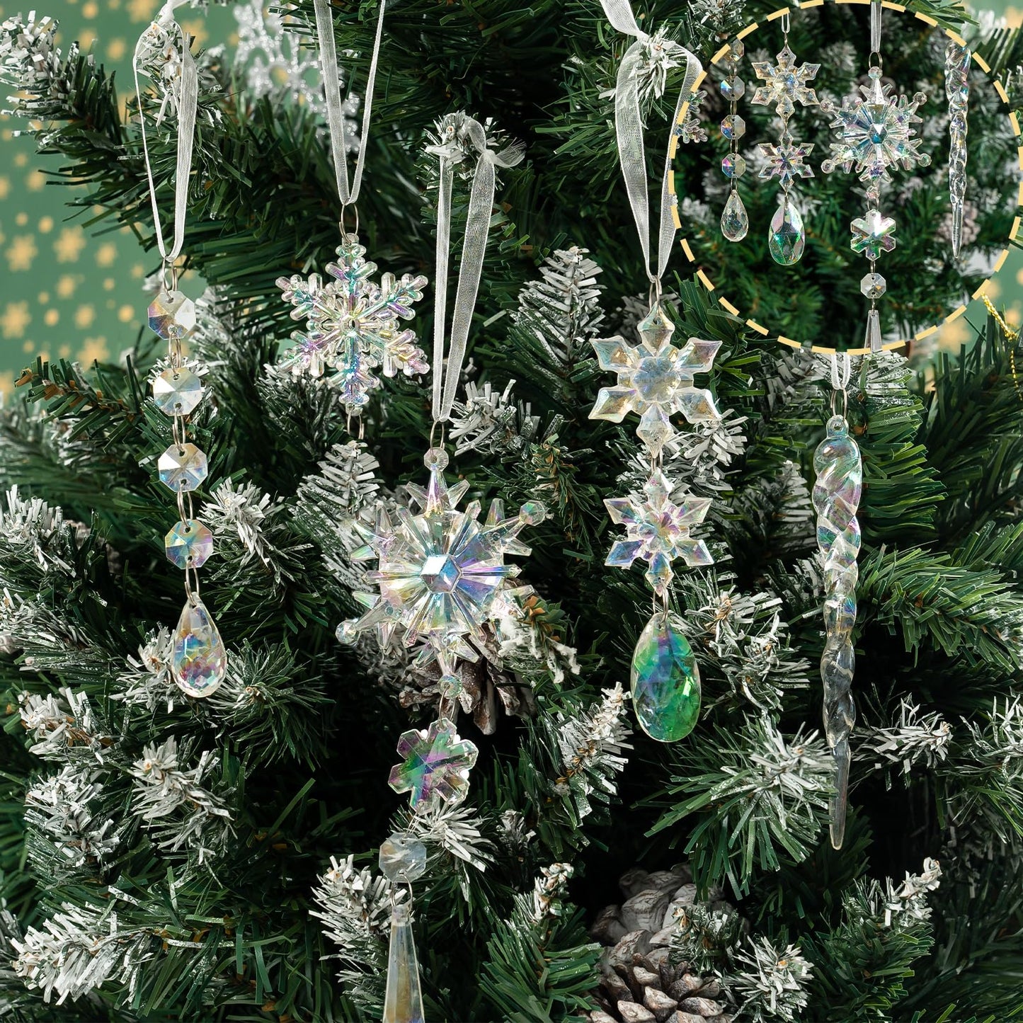GuassLee 18pcs Crystal Christmas Tree Ornaments - Iridescent Acrylic Snowflake Icicle Drop Crystal Hanging Ornaments for Tree Iridescent Party Decor Christmas Frozen Themed Birthday Decor